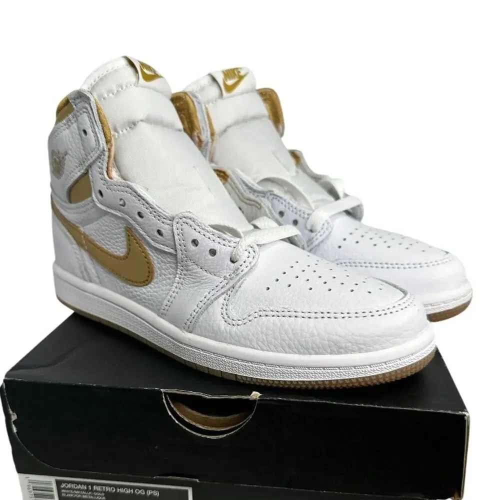 💎✨NEW IN BOX✨💎NIKE Jordan One Retro High OG (PS) White/Gold - Picture 1 of 7
